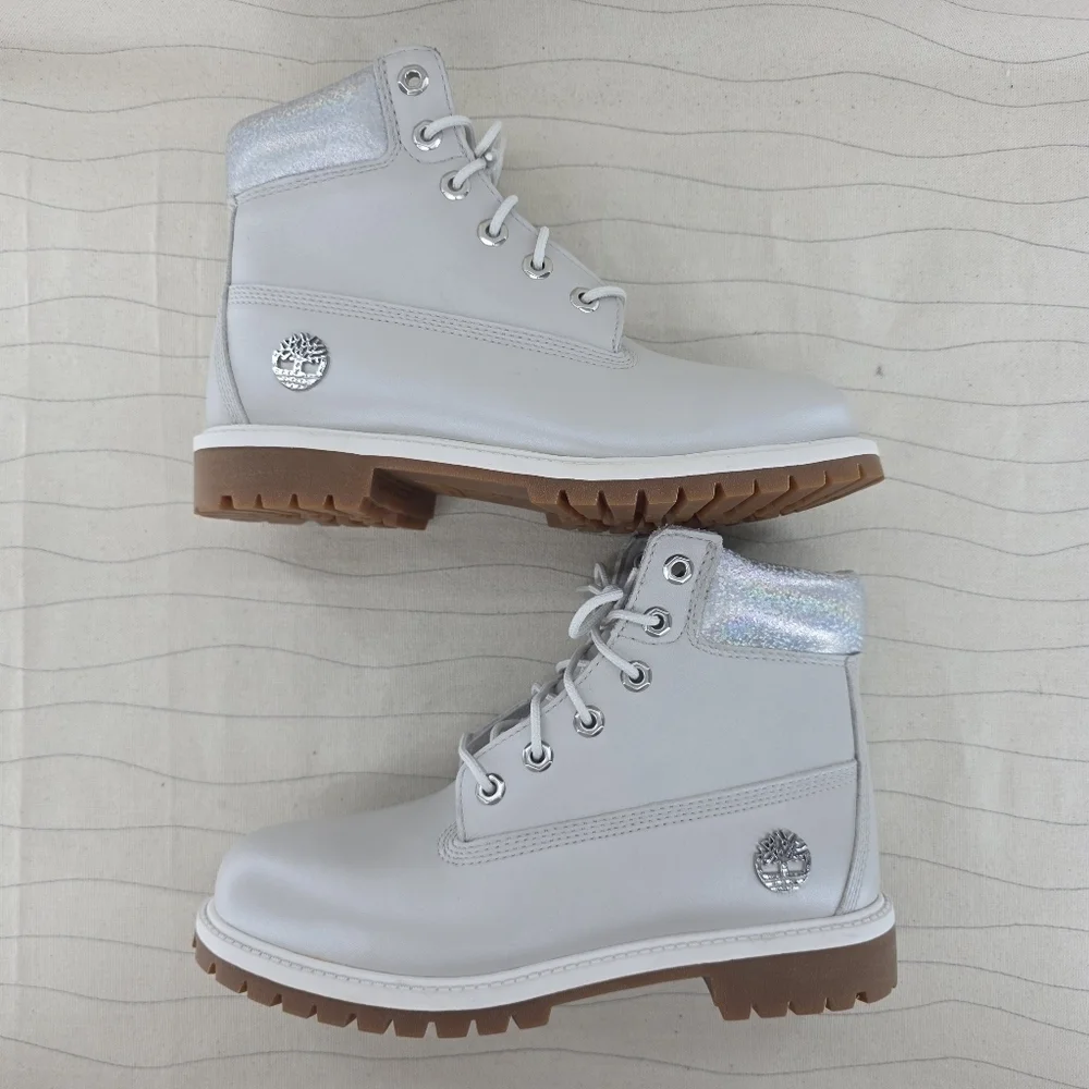 Timberland Girls Boots ReBOTL Metallic Gray Collar 6 Inch Leather A5SUW Sz 6 EUC